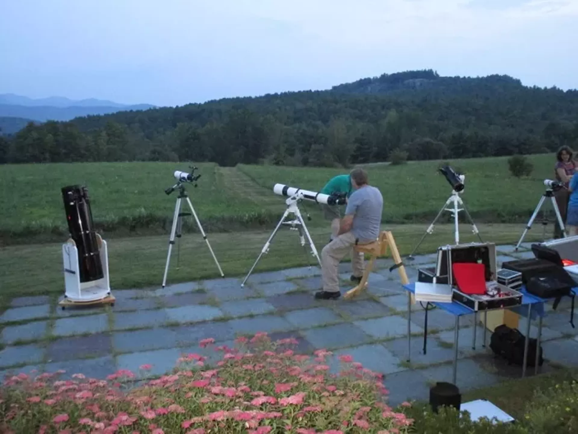 Telescopes line the museum patio at Hubbardton Battlefield State Historic Site