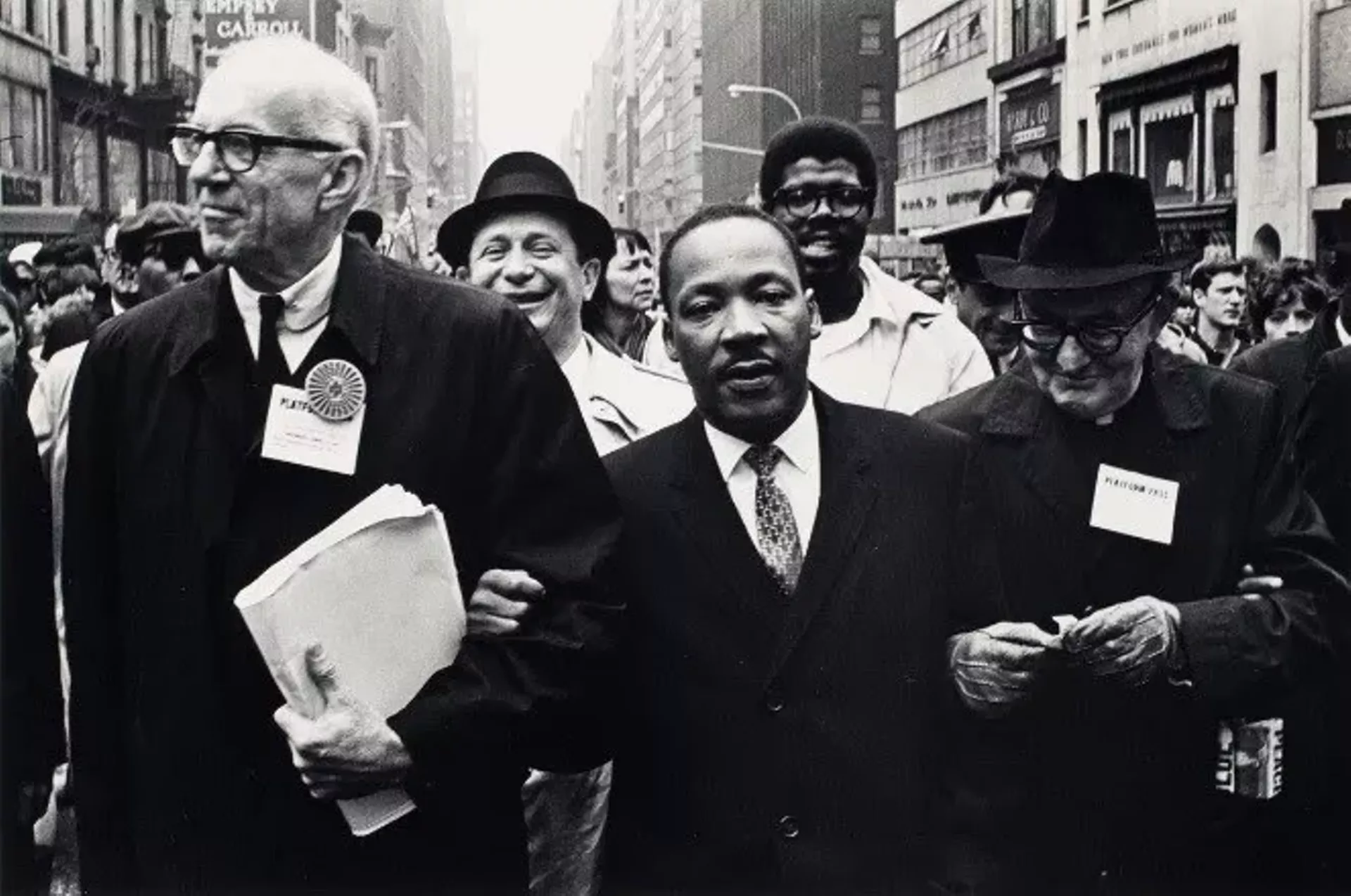 "Dr. Benjamin Spock, Dr. Martin Luther King Jr and Monsignor Rice of Pittsburgh March in the Solidarity Day Parade at the United National Building," photograph by Benedict J. Fernandez