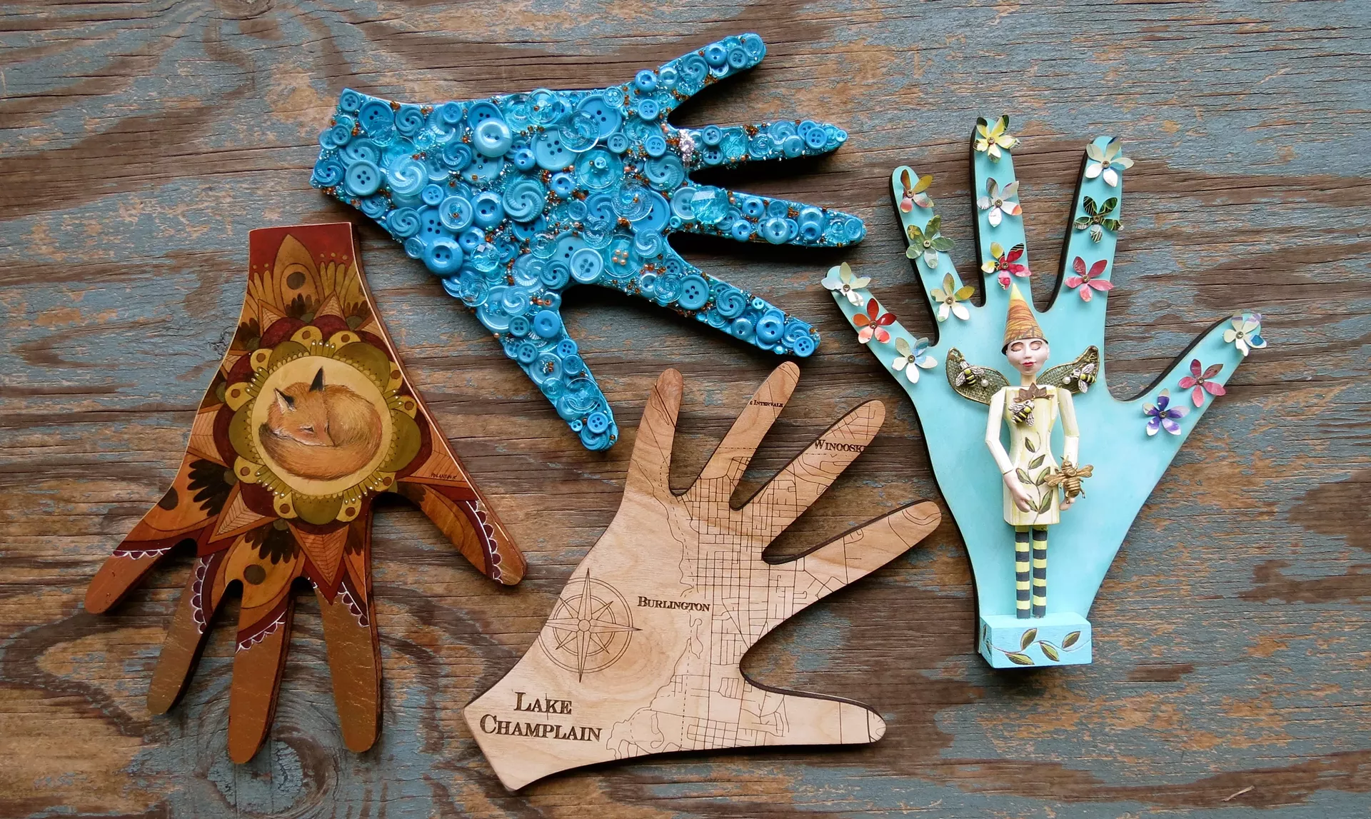 Clockwise from upper left: hands decorated by Jess Polanshek, Sandi Kern, Matt Gang and Barbara Hoke