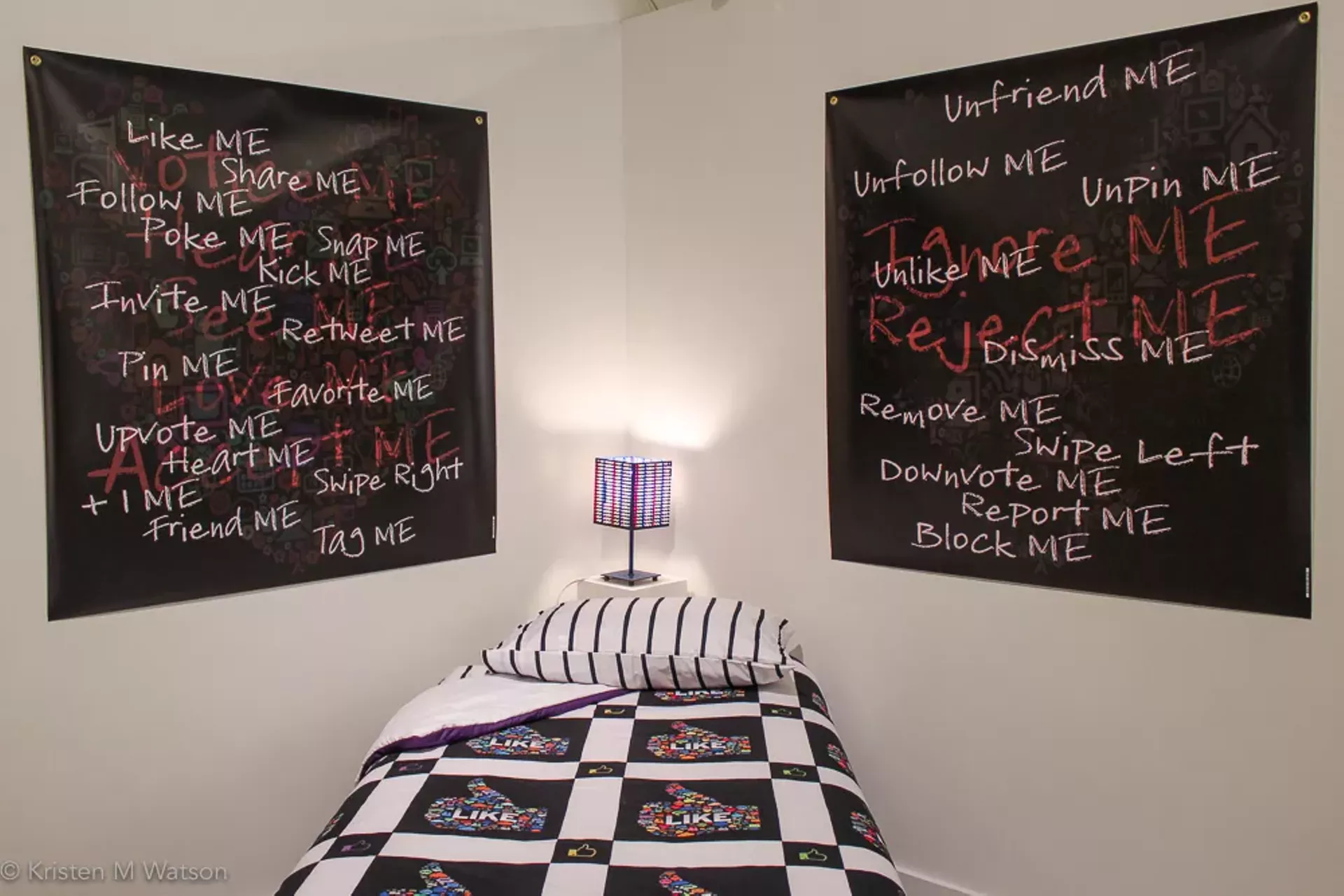 "Comforter" and "Notice Me/Ignore Me," duvet cover and digital collages by Kristen M. Watson