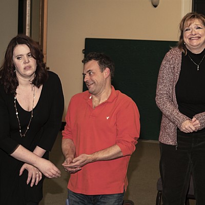 Jill Torres, Jamie Polli and Linda Kindsvatter rehearse a scene in "Noises Off".