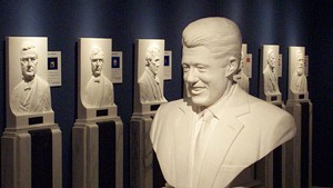 A marble bust of Bill Clinton in the Hall of the Presidents