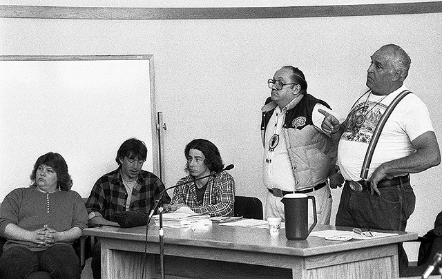 Abenaki Chief Homer St. Francis (right), points finger at the judge who presided over court cases against Abenaki for their refusal to recognize the state of Vermont or the U.S. The judge told St. Francis that he was out of order and the chief replied, “No judge, you’re out of order.” (1991) - PHOTO COURTESY OF ORIN LANGELLE