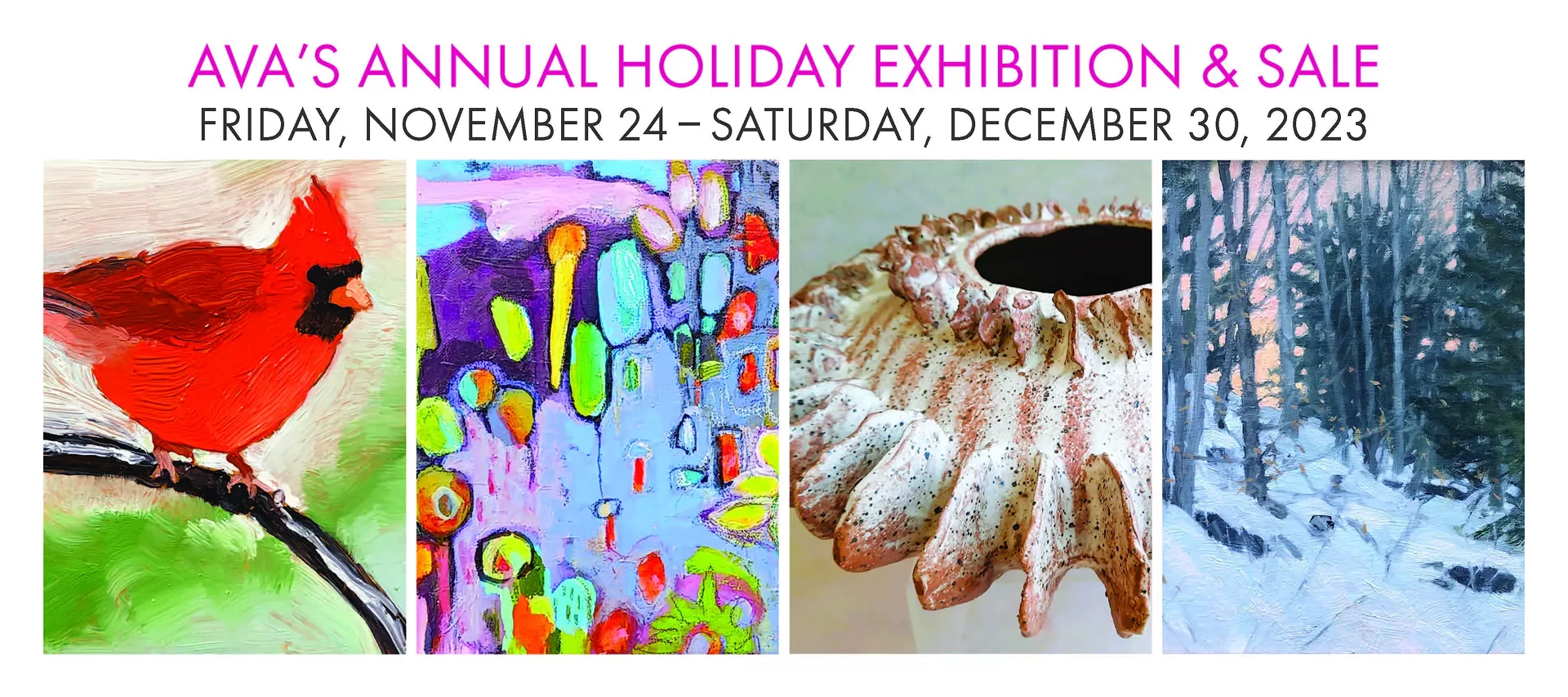 Exhibition postcard with artwork (from left) by Derek Bell, Donna Ellery, Valerie Dearing and Susan Parmenter