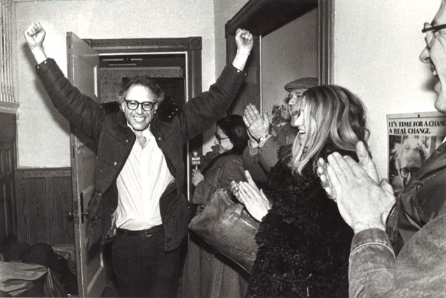 Bernie Sanders celebrates his first electoral victory as mayor of Burlington in 1981. - FILE: ROB SWANSON
