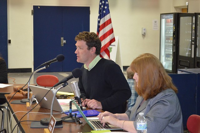 Board chair Patrick Halladay and outgoing superintendent Jeanne Collins at a recent school board meeting. - ALICIA FREESE