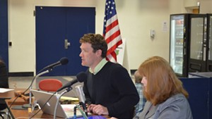 Board chair Patrick Halladay and outgoing superintendent Jeanne Collins at a recent school board meeting.