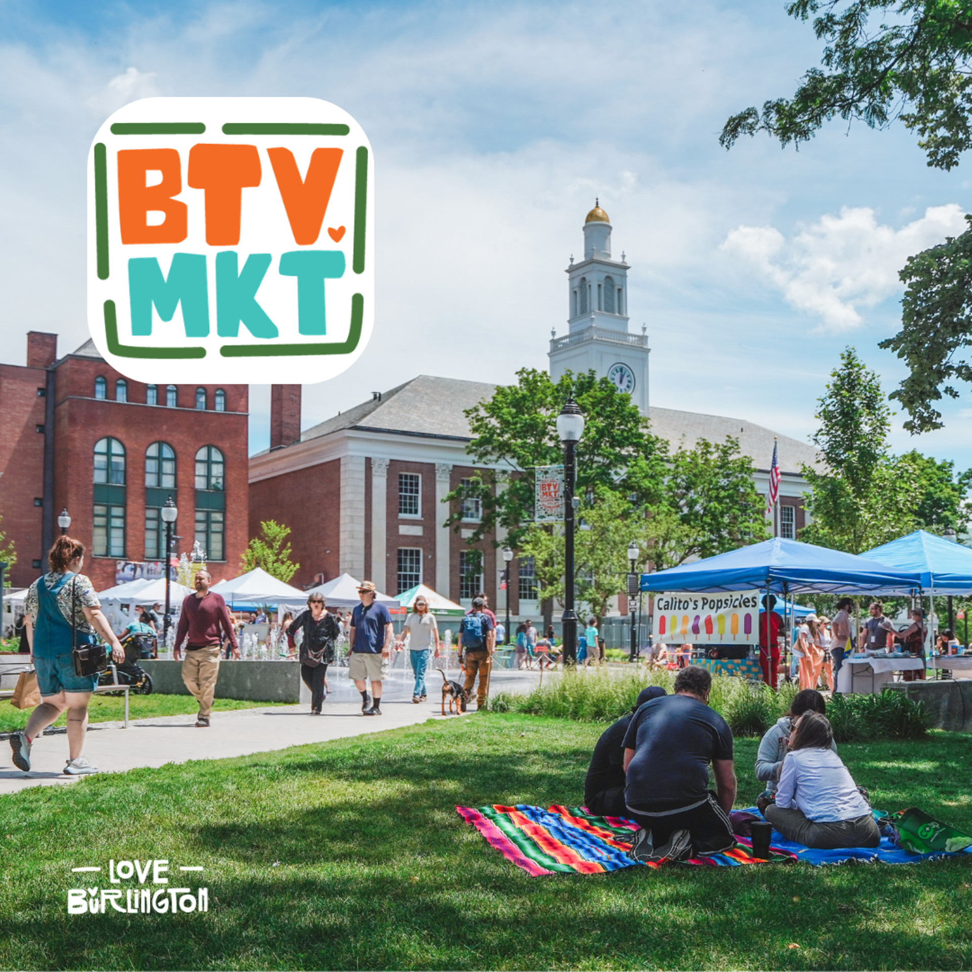 BTV Market graphic showing a scene of a market day at City Hall Park.