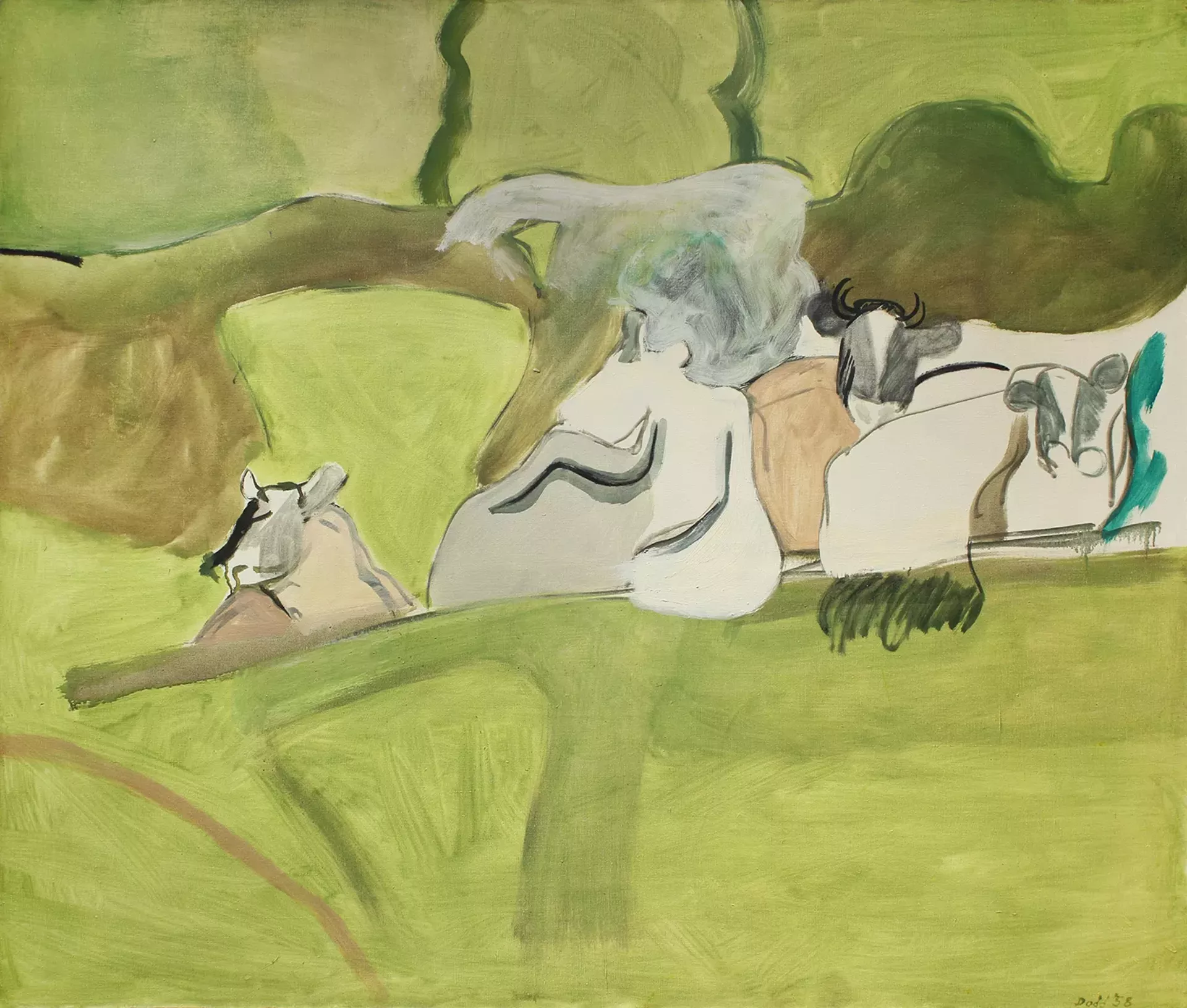 "Cows in Landscape" by Lois Dodd
