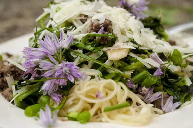 Farmers Market Kitchen: Pasta With Pea Shoots, Sausage and Green Garlic