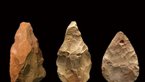 Handaxes from (L to R) Africa (1.6 million years old), Asia (1.1 million years old) and Europe (250,000 years old)