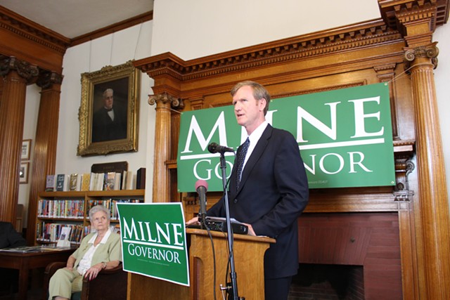 Former state representative Marion Milne watches her son, Scott Milne, announce his candidacy for governor. - PAUL HEINTZ