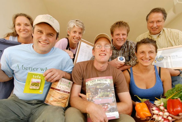 From left: June Van Houten, Highfields Institute; Andrew Meyer, Vermont Soy and Vermont Natural Coatings; Linda Ramsdell, Claire's Restaurant; Tom Stearns, High Mowing Organic Seeds; Andy Kehler, Jasper Hill Farm cheeses; Meg Gardner, Pete's Greens; and Monty Fischer, executive director of the Center - JEB WALLACE-BRODEUR