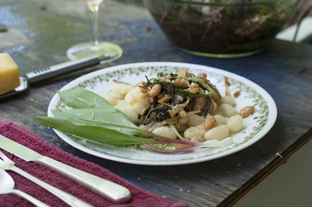 Gnocchi with ramps, sausage, beans and wild greens. What could be better for a springy meal al fresco? - HANNAH PALMER EGAN