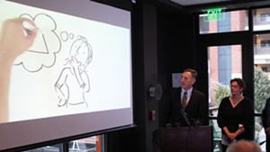 Gov. Peter Shumlin screens a new health care reform ad Wednesday at Hotel Vermont.