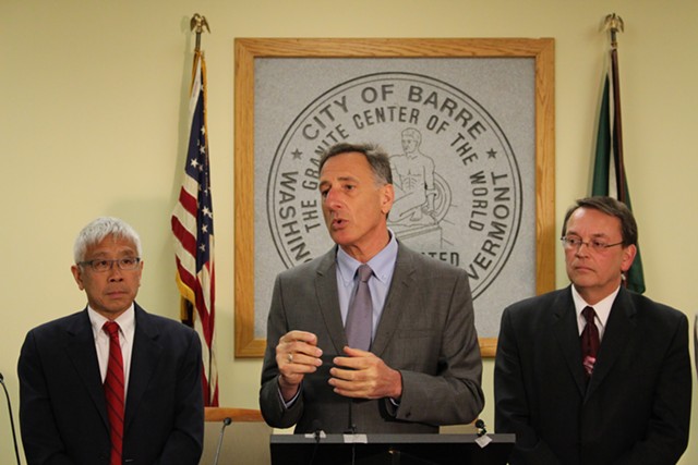 Gov. Peter Shumlin speaks at a Barre press conference Thursday with Health Commissioner Harry Chen and Barre Mayor Thom Lauzon. - PAUL HEINTZ