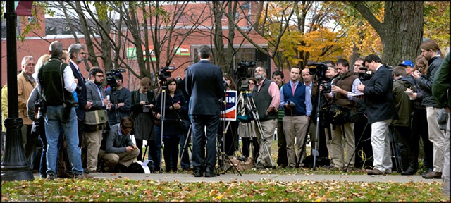 Gov. Shumlin addresses reporters Wednesday at Burlington's City Hall Park. - MATTHEW THORSEN