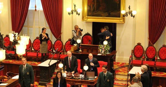 House Speaker Shap Smith and Gov. Peter Shumlin embrace. - PAUL HEINTZ