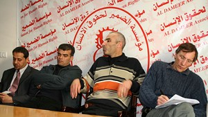 James Marc Leas (right) at Al Dameer, a nongovernmental organization, during his recent tour of Gaza