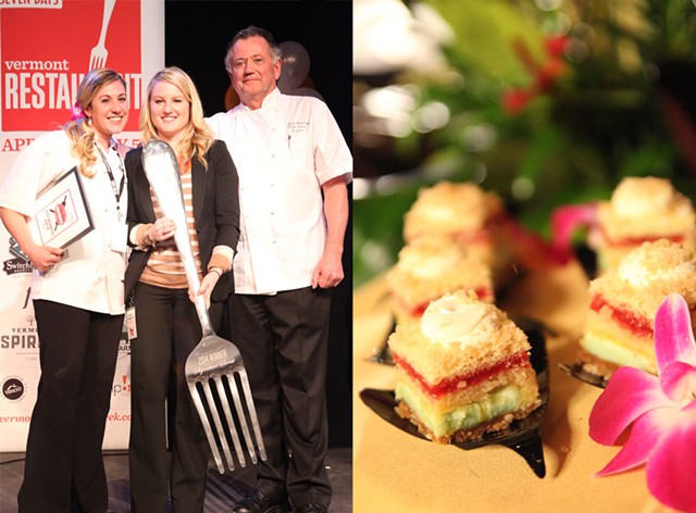 Left: Smackdown winners Alyssa Tourville and Jozef Harrewyn of Chef's Corner with Kylie Webster (center) of Vermont Federal Credit Union. Right: Tourville's winning creation "Tropical Napoleon." - MATTHEW THORSEN