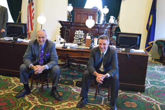 Lt. Gov. Phil Scott (right) takes a break in the Senate chamber during the legislative session earlier this month with Sen. Dick Mazza (D-Grand Isle). - TERRI HALLENBECK