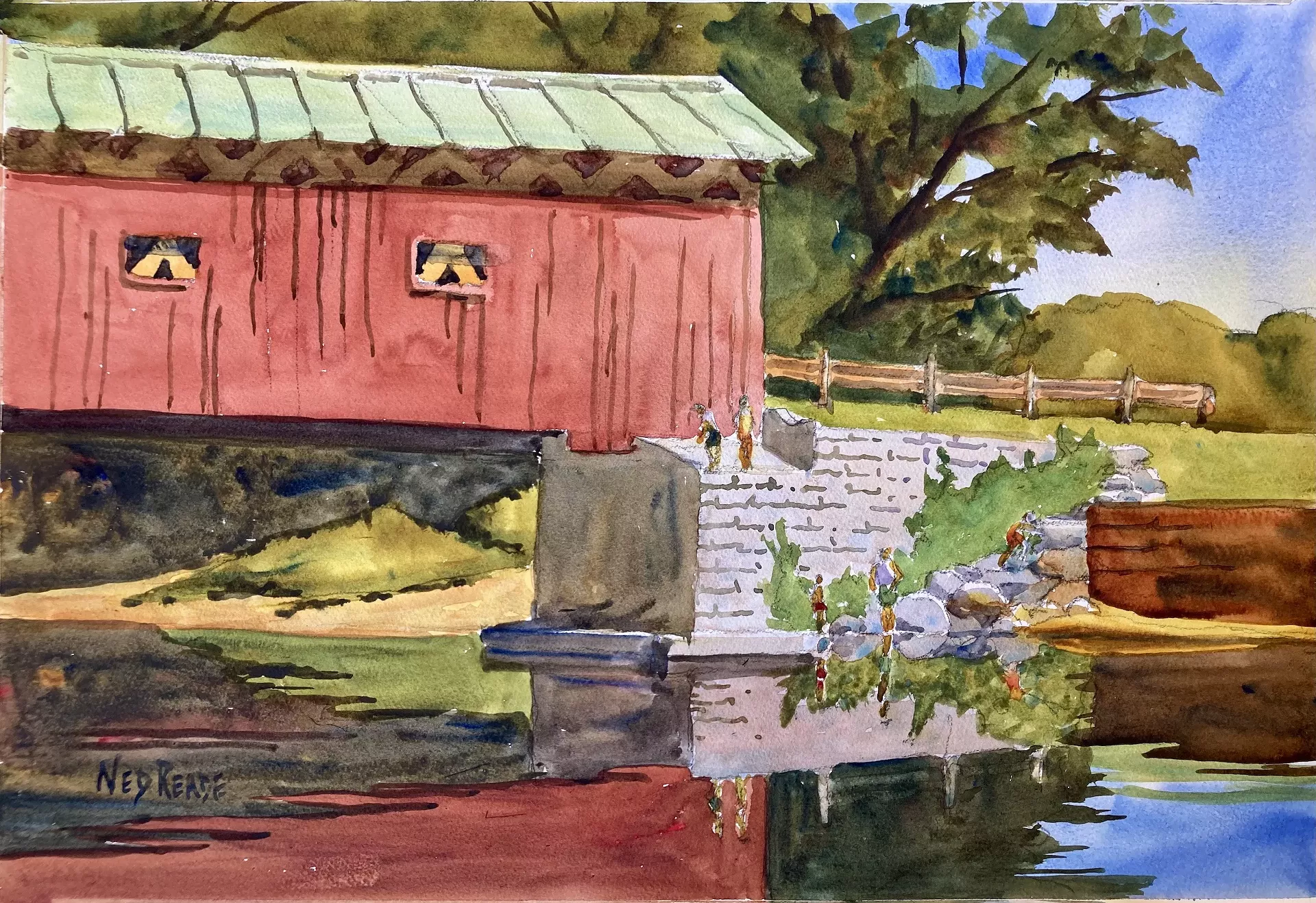 "Red Bridge and Bathers" by Ned Reade