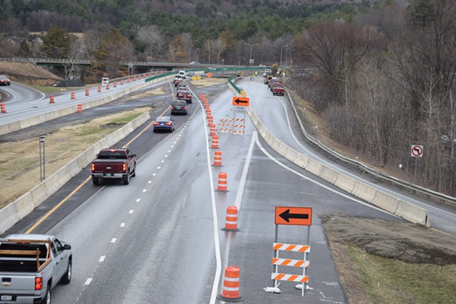Traffic heads south on Interstate 89 at the Waterbury exit where bridge construction has created some tricky travel. - TERRI HALLENBECK