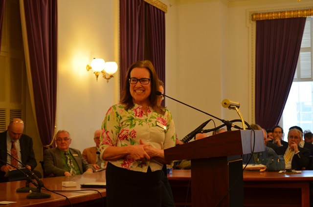 Rep. Tess Taylor announcing her resignation from the Vermont House on Friday. - PAUL HEINTZ