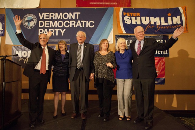 Rep. Peter Welch, Margaret Cheney, Sen. Bernie Sanders, Jane Sanders, Marcelle Leahy and Sen. Patrick Leahy on Election Day 2014 in Burlington. - FILE: MATTHEW THORSEN