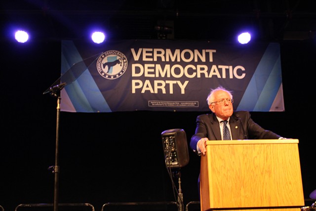 Sanders speaks at the Vermont Democratic Party's Curtis Awards dinner in June. - FILE: PAUL HEINTZ