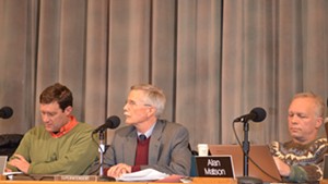 From left, board chair Patrick Halladay, Superintendent Howard Smith and Alan Matson before the vote on the 2016 budget.