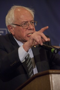 Sen. Bernie Sanders (I-Vt.) speaks in Burlington on election night. - MATT THORSEN