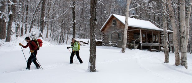 Setting off from the Slayton Pasture Cabin toward an untracked hardwood glade at Trapps.