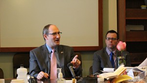 Secretary of Administration Justin Johnson, left, and Vermont State Employees Association executive director Steve Howard, right, at a meeting of the House Appropriations Committee Thursday.