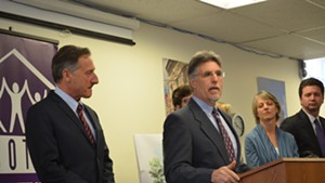 Gov. Shumlin looks on as his secretary of human services, Hal Cohen, describes the administration's new goal.