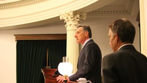 Lt. Gov. Phil Scott watches Gov. Peter Shumlin deliver closing remarks to the Vermont Senate.
