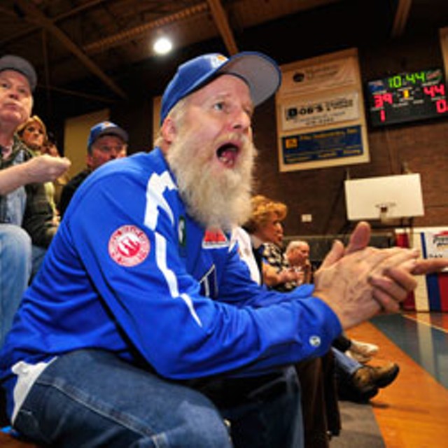Super fan Dick Rouelle cheers on the Vermont Frost Heaves in Barre. - JEB WALLACE-BRODEUR