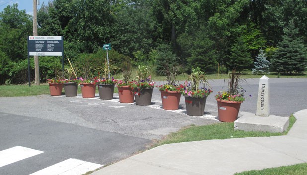 The flower pots marking the U.S./Canada border between Derby Line and Stanstead
