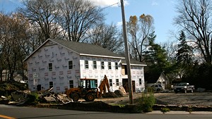 The long-under-construction building at the Shelburne Road rotary