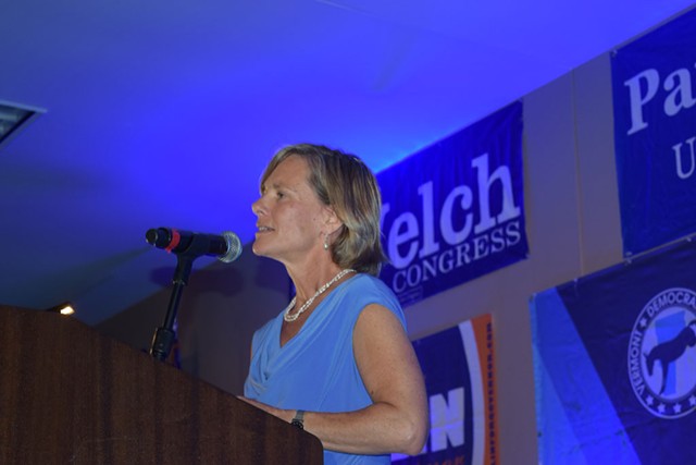 State Transportation Secretary Sue Minter speaks last month at the Vermont Democratic Party's Curtis Awards dinner, where she was one of the award recipients - TERRI HALLENBECK