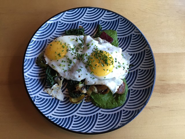 Fried eggs and vegetable hash - SALLY POLLAK