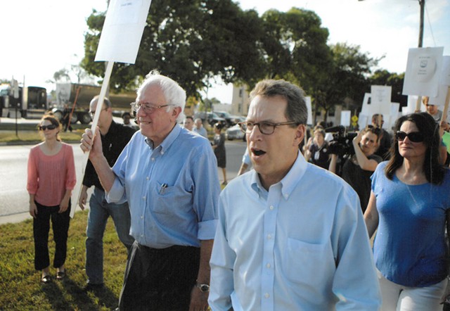 Sen. Bernie Sanders and Phil Fiermonte walk a picket line in Cedar Rapids, Iowa, in September 2015 - COURTESY: PHIL FIERMONTE