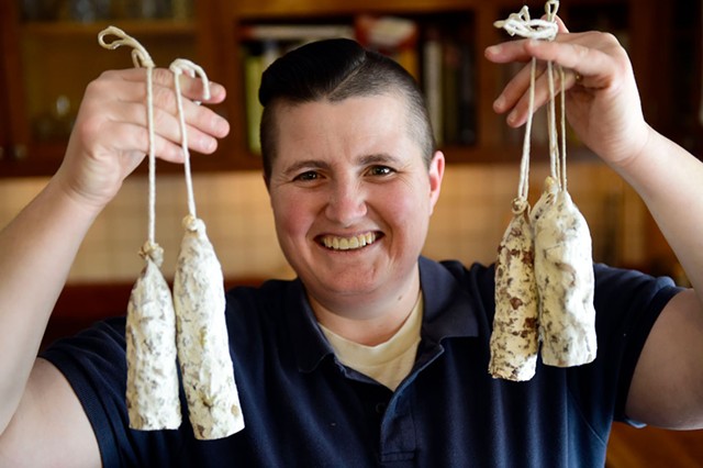 Erika Lynch with her slow-cured salami - JEB WALLACE-BRODEUR
