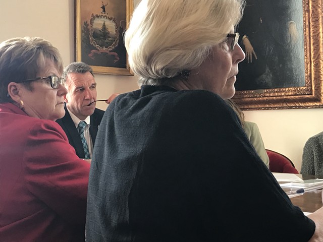 Senate Finance chair Ann Cummings, left, Gov. Phil Scott and Senate Appropriations chair Jane Kitchel - TAYLOR DOBBS