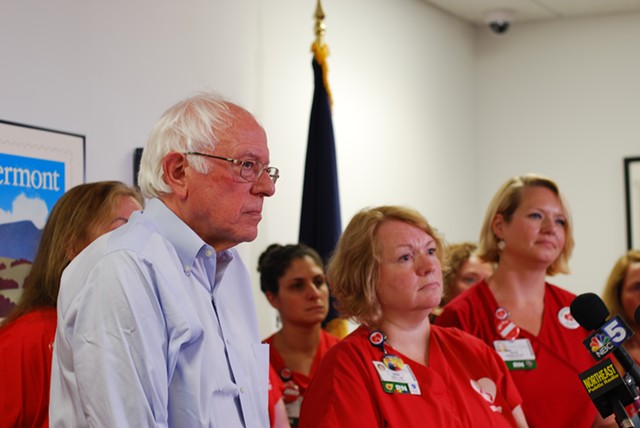 Sanders with union vice president Deb Snell and lead negotiator Julie MacMillan - SARA TABIN