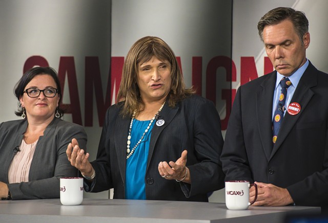 Christine Hallquist (center) with fellow Democratic candidates Brenda Siegel (left) and James Ehlers. - FILE: GLENN RUSSELL