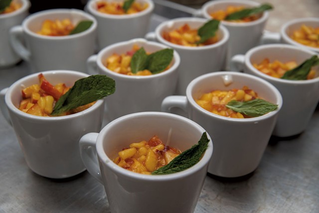 Muhallebi "milk pudding" with peaches and mint - JAMES BUCK