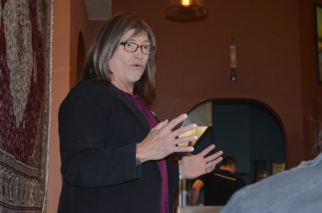 Democratic candidate for governor Christine Hallquist speaks during a campaign stop at Tuckerbox Café in White River Junction. - ALICIA FREESE