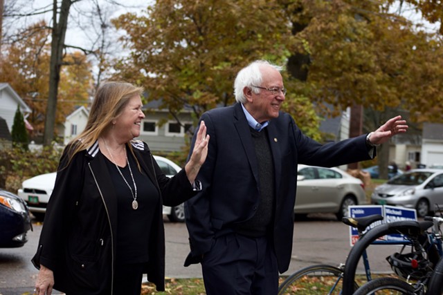 Jane O'Meara Sanders and Sen. Bernie Sanders arrive at the Robert Miller Community & Recreation Center to vote Tuesday morning. - SOPHIE MACMILLAN