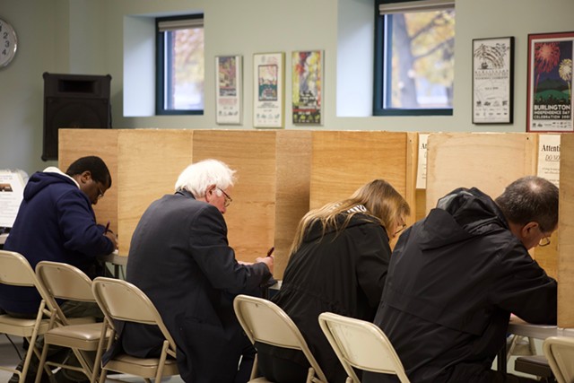 Sen. Bernie Sanders votes Tuesday in Burlington - SOPHIE MACMILLAN